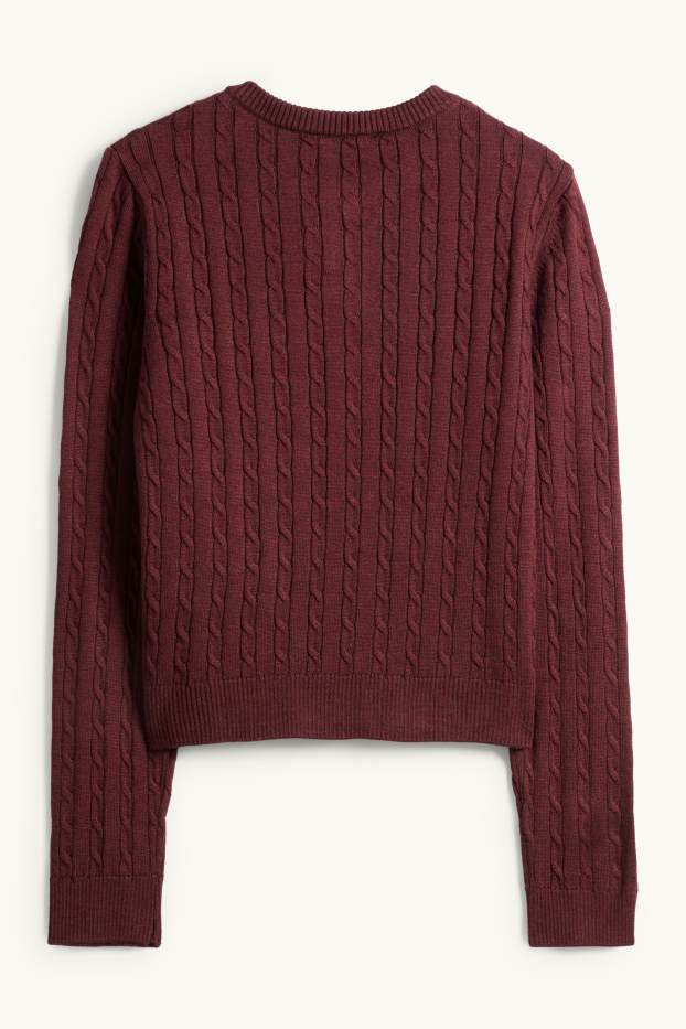 Femmes - Gilet en maille - motif tressé - bordeaux