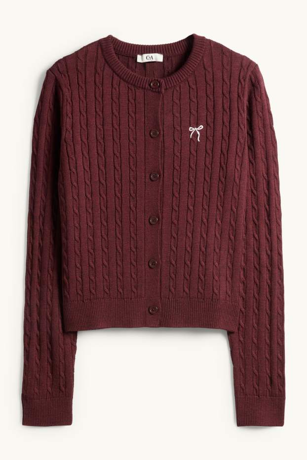 Femmes - Gilet en maille - motif tressé - bordeaux