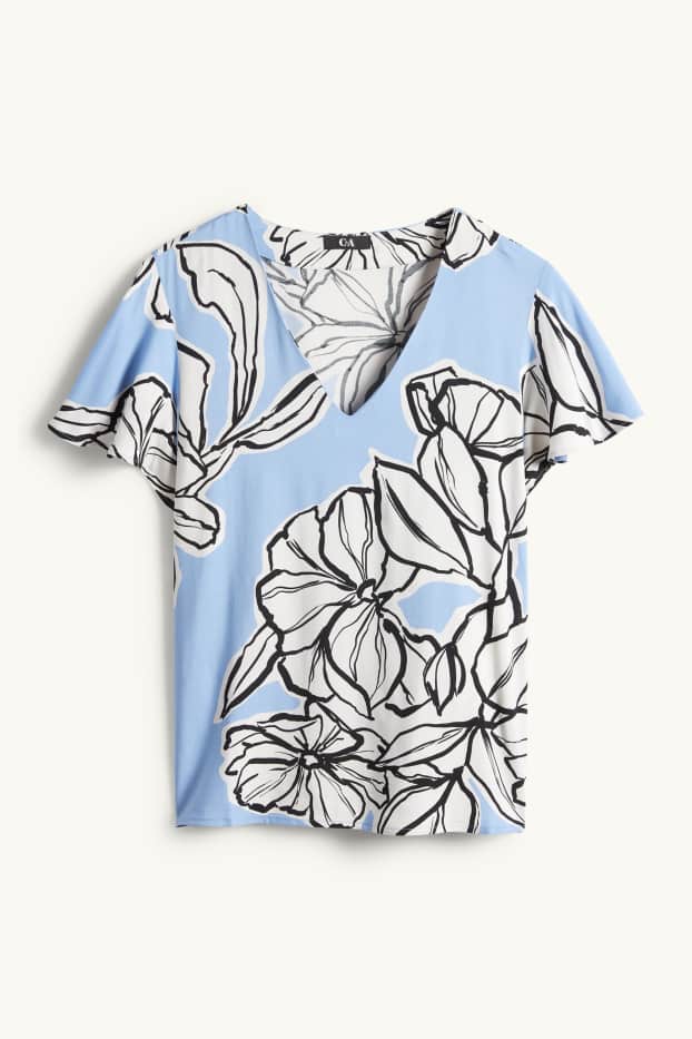 Femei - Bluză cu decolteu în V - cu flori - albastru deschis