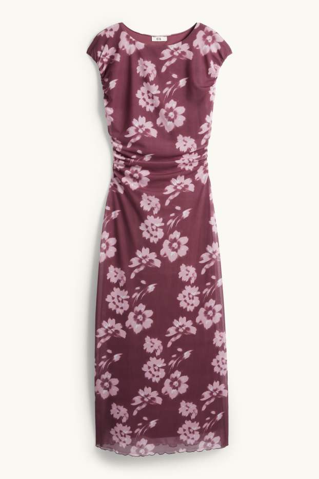 Femmes - Robe en maille-filet - à fleurs - bordeaux