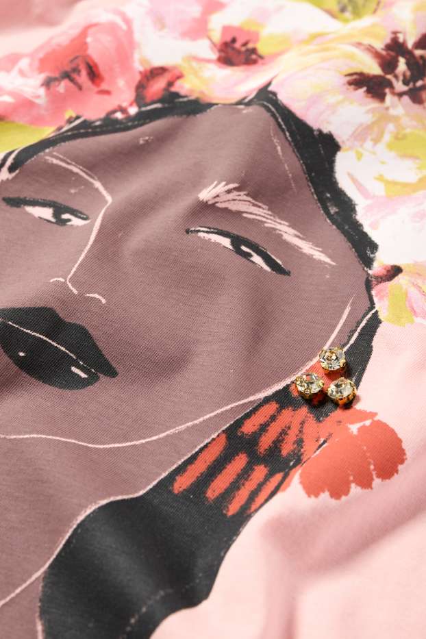 Damen - T-Shirt mit Strasssteinen - Relaxed Fit - rosa