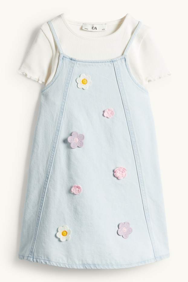 Copii - Fete - Floare - set - tricou cu mânecă scurtă și rochie din denim - 2 piese - albastru / alb