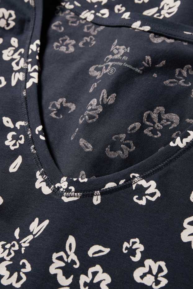 Donna - T-shirt con scollo a V - slim fit - a fiori - blu scuro