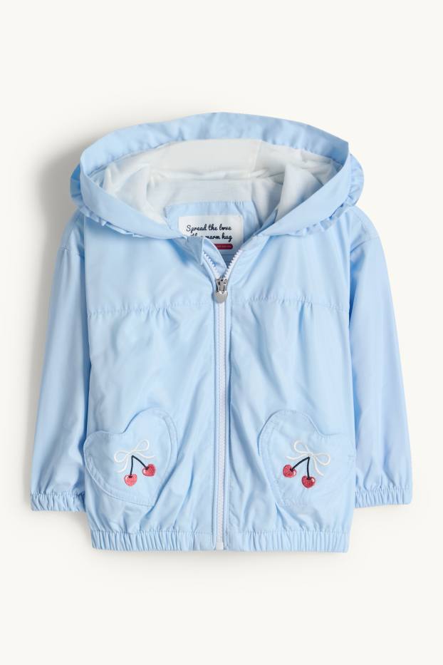 Miminka - dívky - Třešně a mašličky - bunda s kapucí pro miminka - světle modrá