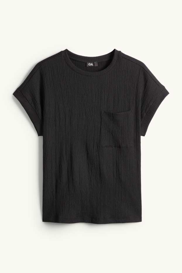 Dames - T-shirt - relaxed fit - met structuur - zwart