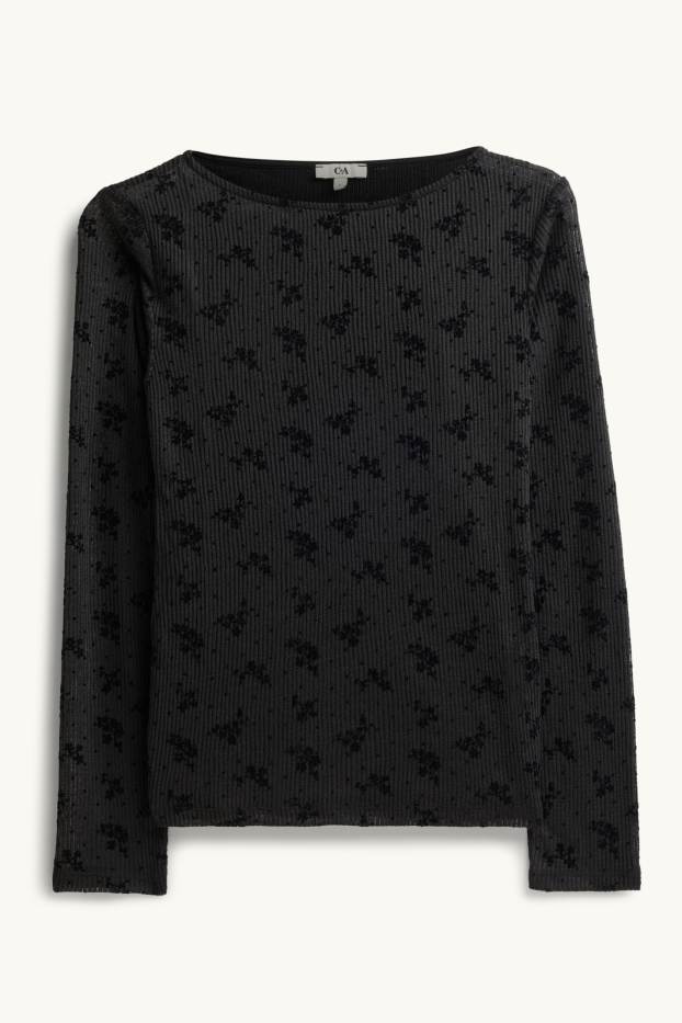 Women - Long sleeve top - slim fit - ribbed - floral - textured - black