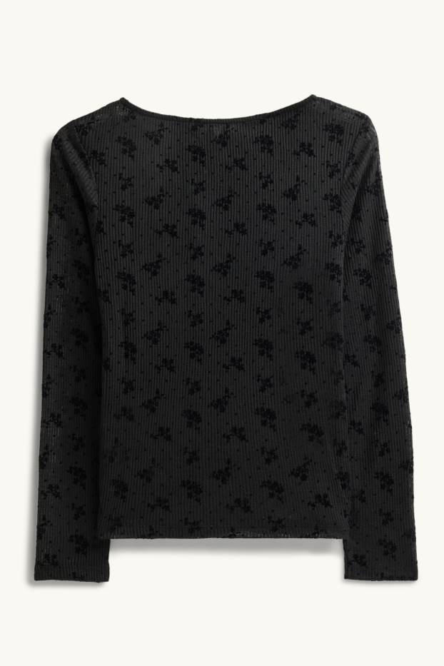Women - Long sleeve top - slim fit - ribbed - floral - textured - black