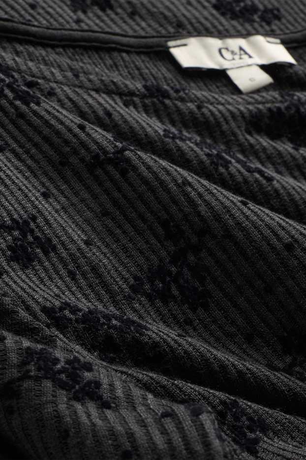 Women - Long sleeve top - slim fit - ribbed - floral - textured - black