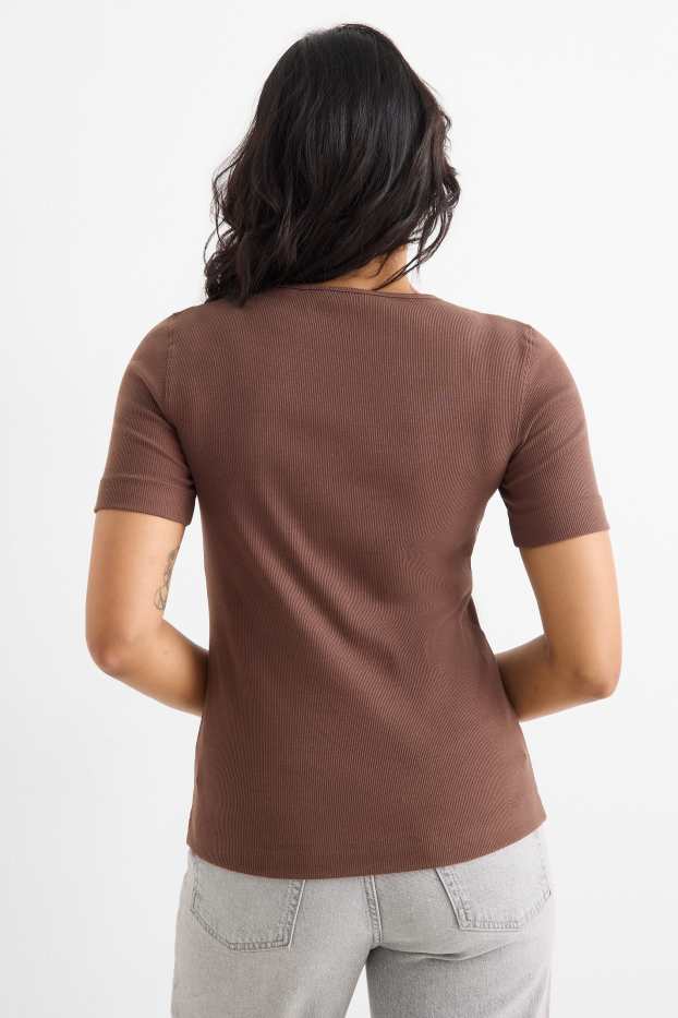 Femmes - T-shirt - slim fit - finition côtelée - marron