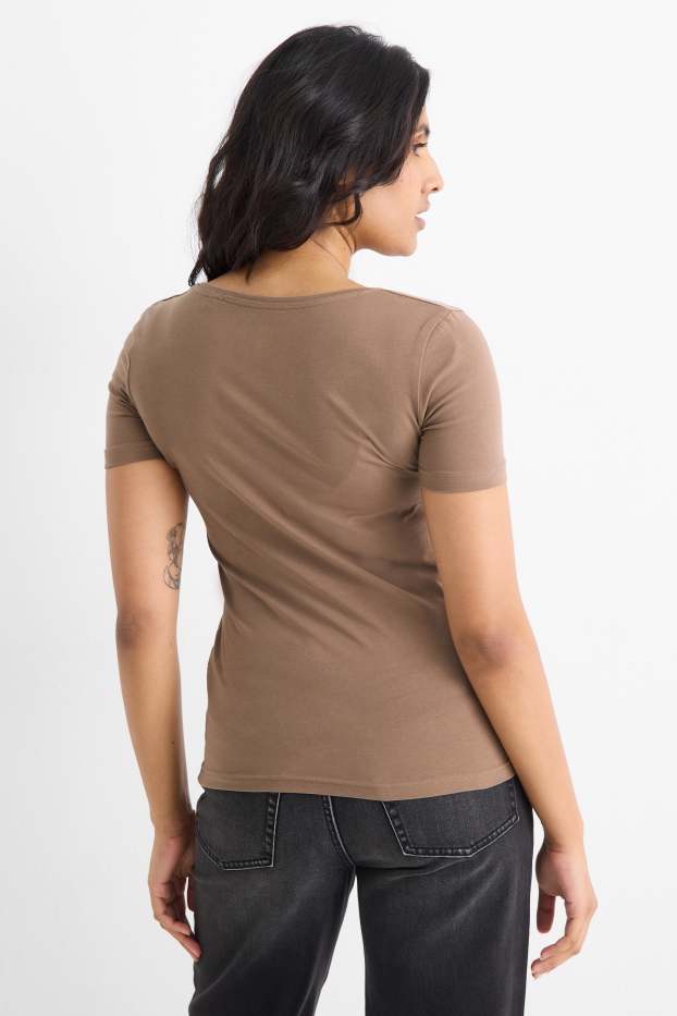 Women - V-neck T-shirt - slim fit - brown