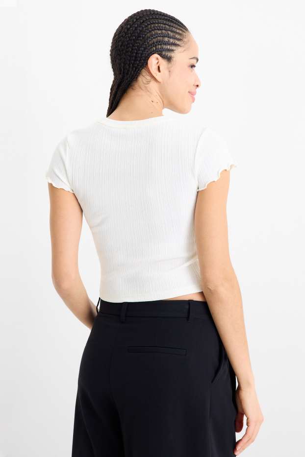 Dames - Kort T-shirt - slim fit - geribd - crèmekleurig