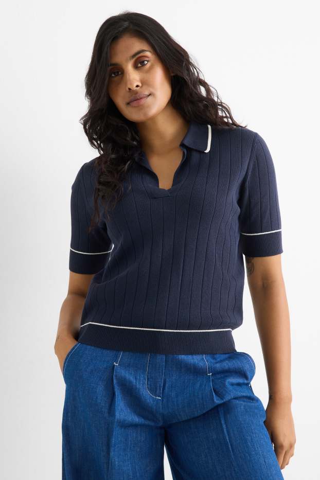 Femmes - Pull en maille - manches courtes - côtelé - bleu foncé / blanc