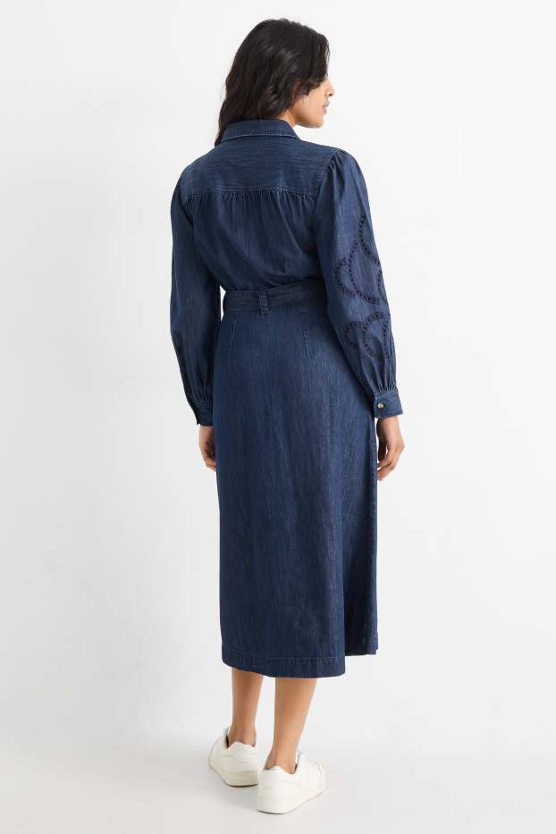 Femmes - Robe-chemisier en jean à ceinture - bleu foncé