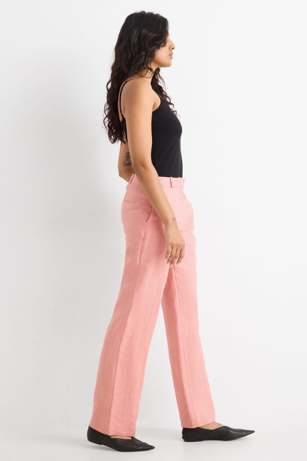 Femei - Pantaloni din in office - talie medie - regular fit - roz