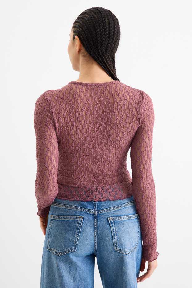 Femei - Tricou crop cu mânecă lungă - slim fit - roz închis