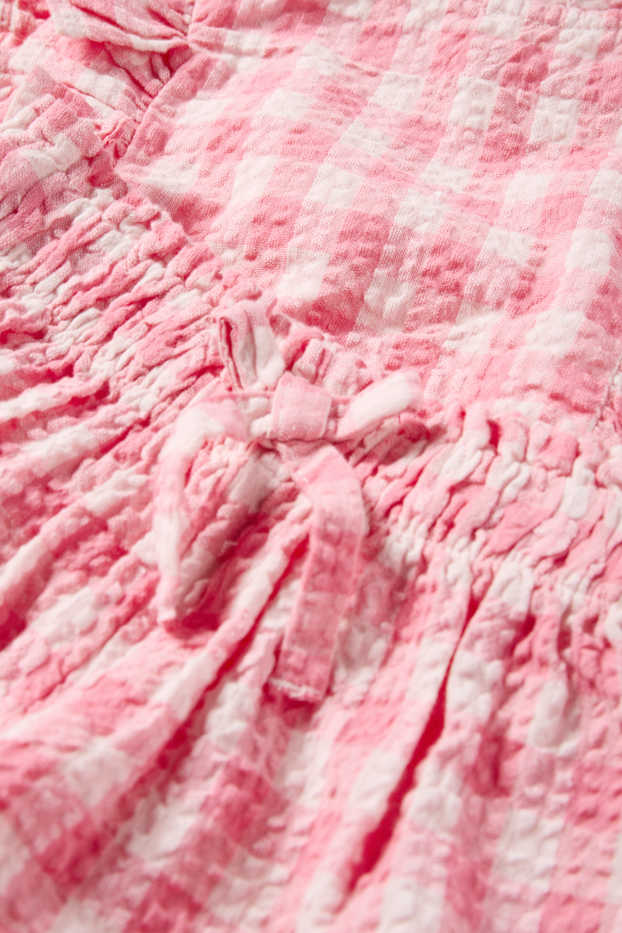 Bambine - Set - top, pantaloni in tessuto e scrunchie - 3 pezzi - a quadretti - bianco / fucsia