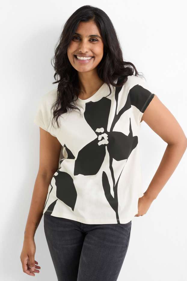 Donna - T-shirt - regular fit - a fiori - nero / bianco
