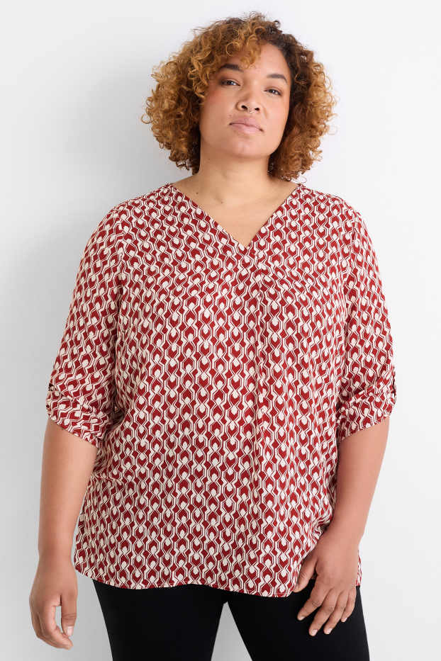 Femmes - Chemisier avec encolure en V - à motif - rouge foncé