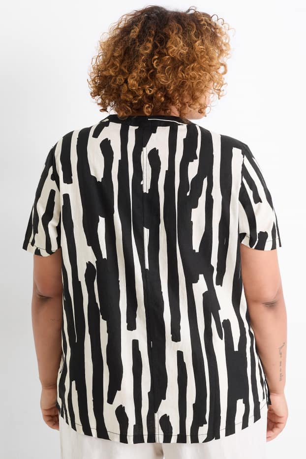 Femei - Bluză cu decolteu în V - amestec de in - cu model - negru / nej