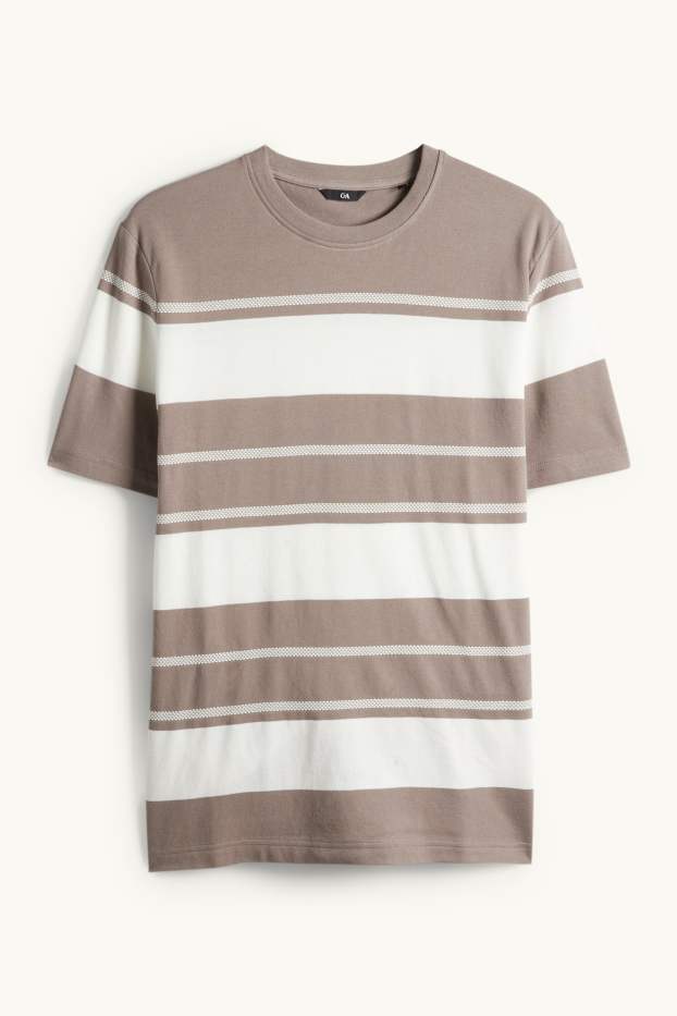 Herren - T-Shirt - Regular Fit - gestreift - strukturiert - braun / cremeweiss