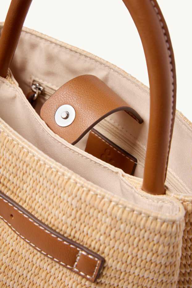 Dames - Schoudertas van raffia met afneembare draagriem - beige / bruin