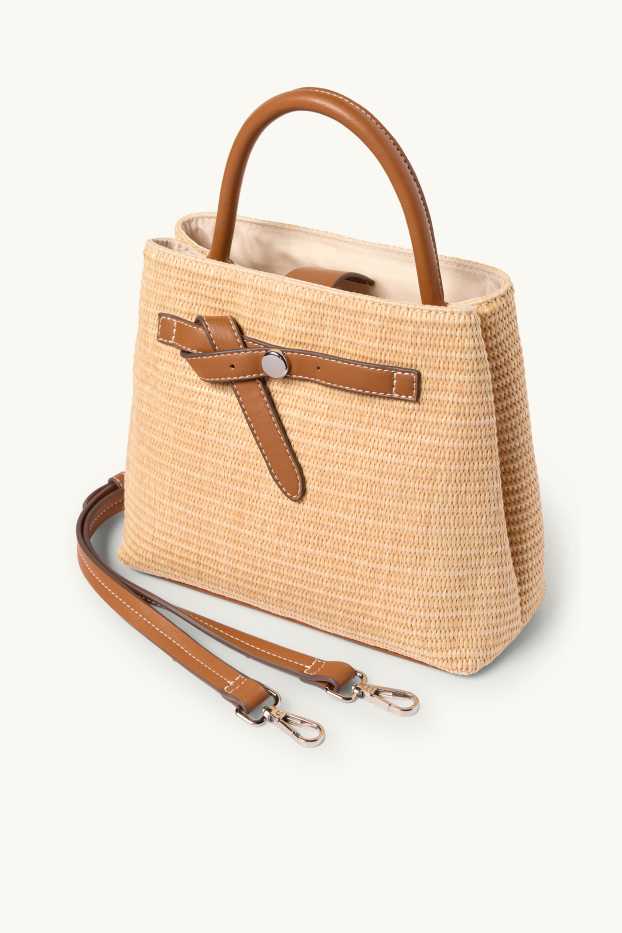 Dames - Schoudertas van raffia met afneembare draagriem - beige / bruin