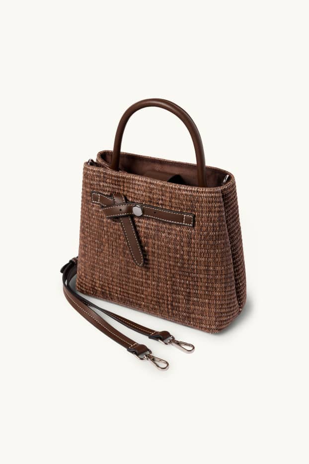 Damen - Bast-Umhängetasche mit abnehmbarem Taschengurt - dunkelbraun