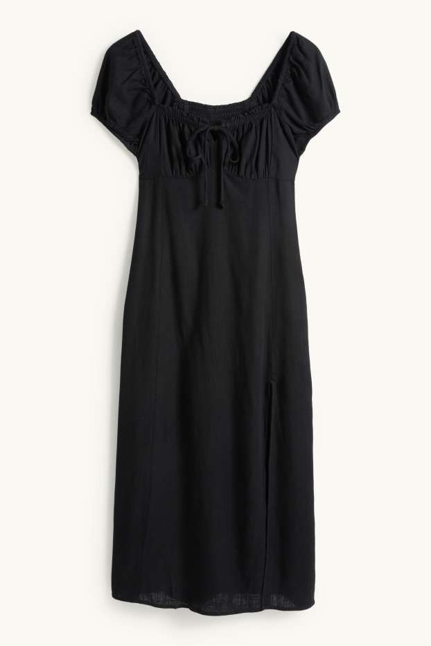 Femmes - Robe avec fente et teneur en lin - finition smockée - noir