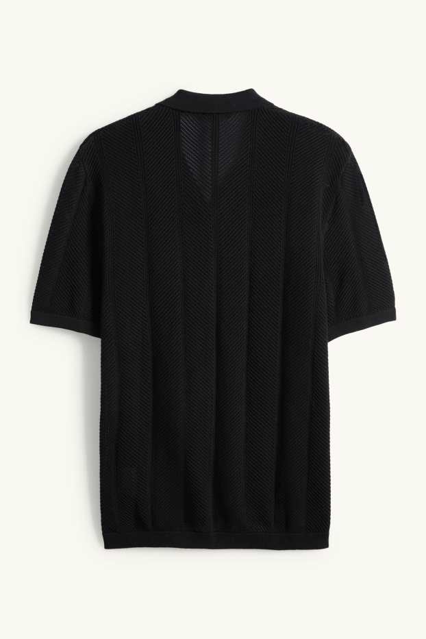 Heren - Gebreid overhemd - regular fit - reverskraag - met structuur - zwart