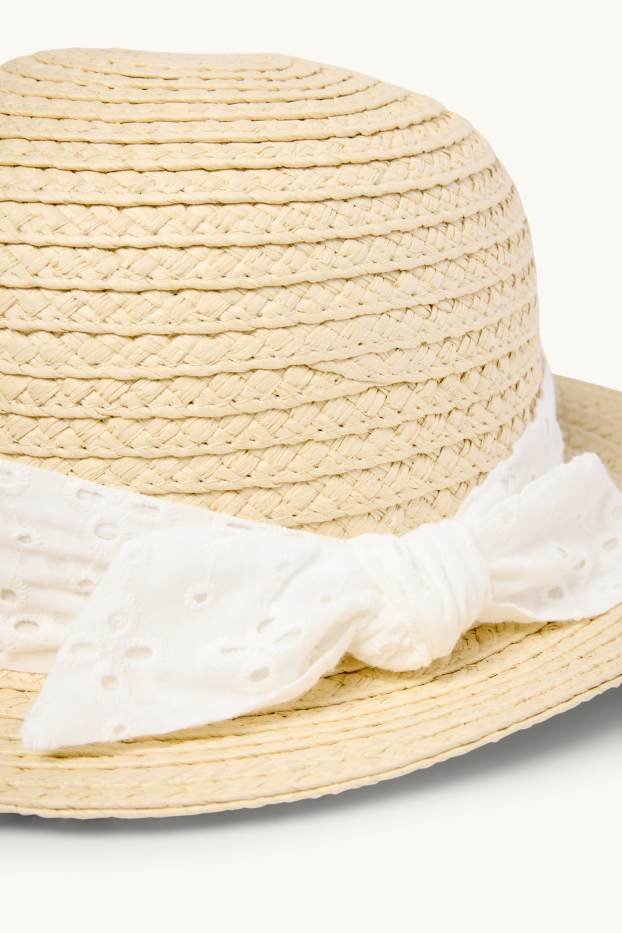 Kinder Mädchen - Stroh-Hut - Broderie Anglaise - hellbeige