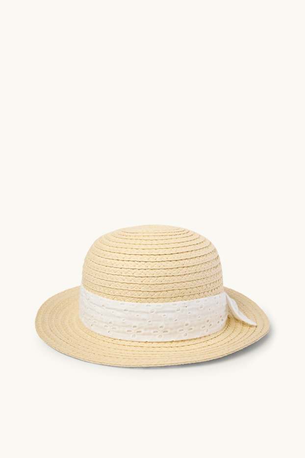 Kinder Mädchen - Stroh-Hut - Broderie Anglaise - hellbeige