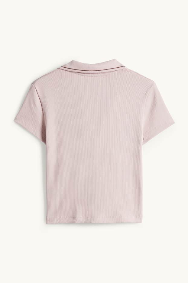 Women - Cropped polo shirt - slim fit - ribbed - rose