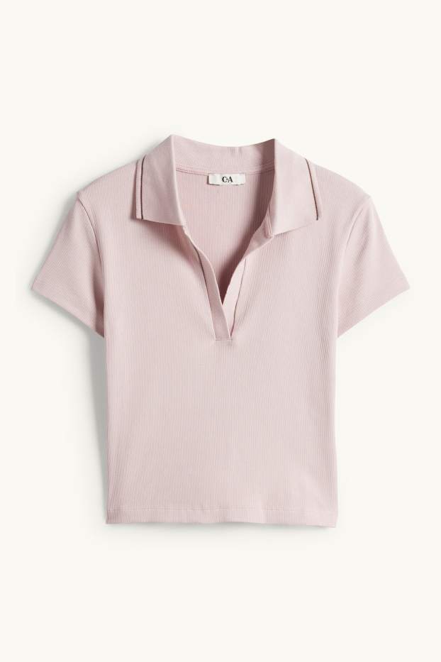 Women - Cropped polo shirt - slim fit - ribbed - rose
