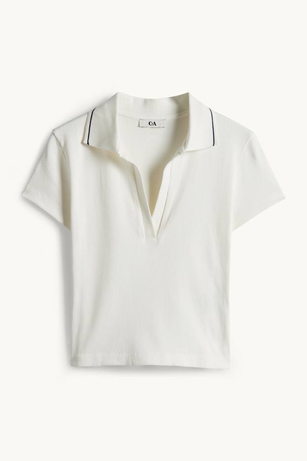 Femmes - Polo court - slim fit - finition côtelée - blanc crème