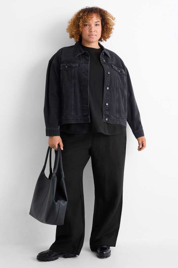 Dona - Pantalons de tela - mid waist - wide leg - mescla de lli - negre