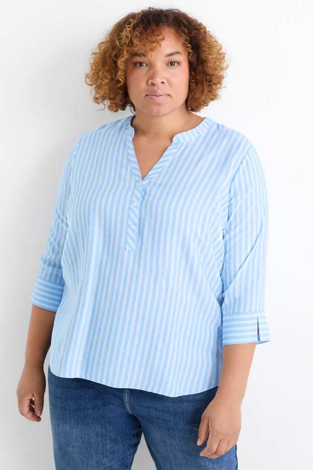 Dames - Blouse met V-hals - gestreept - lichtblauw