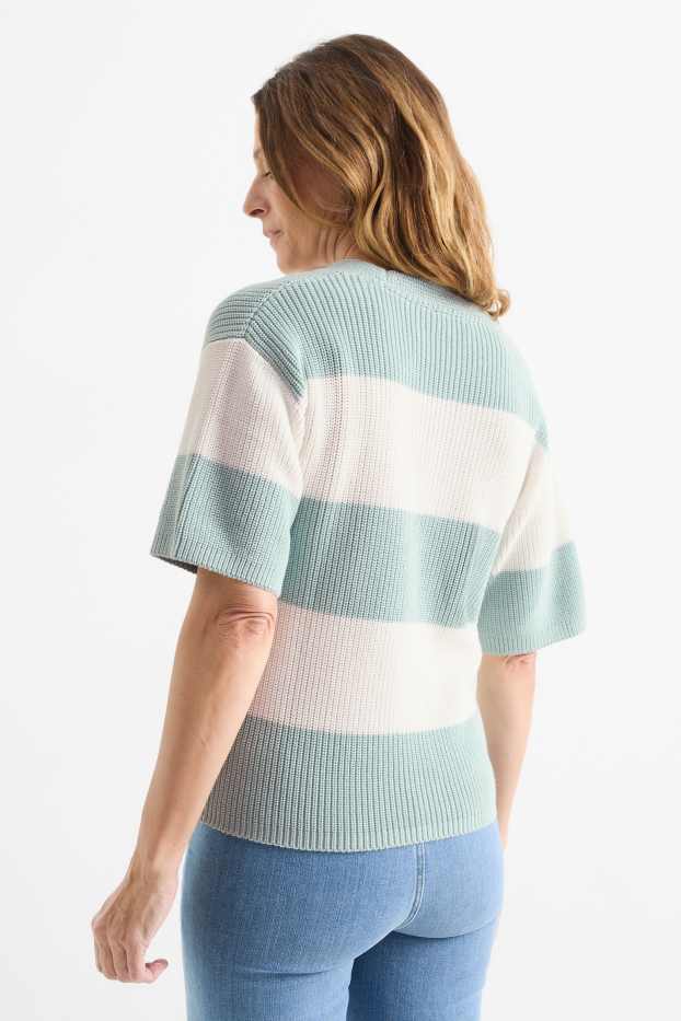 Women - Knitted jumper - short sleeve - ribbed - striped - mint green