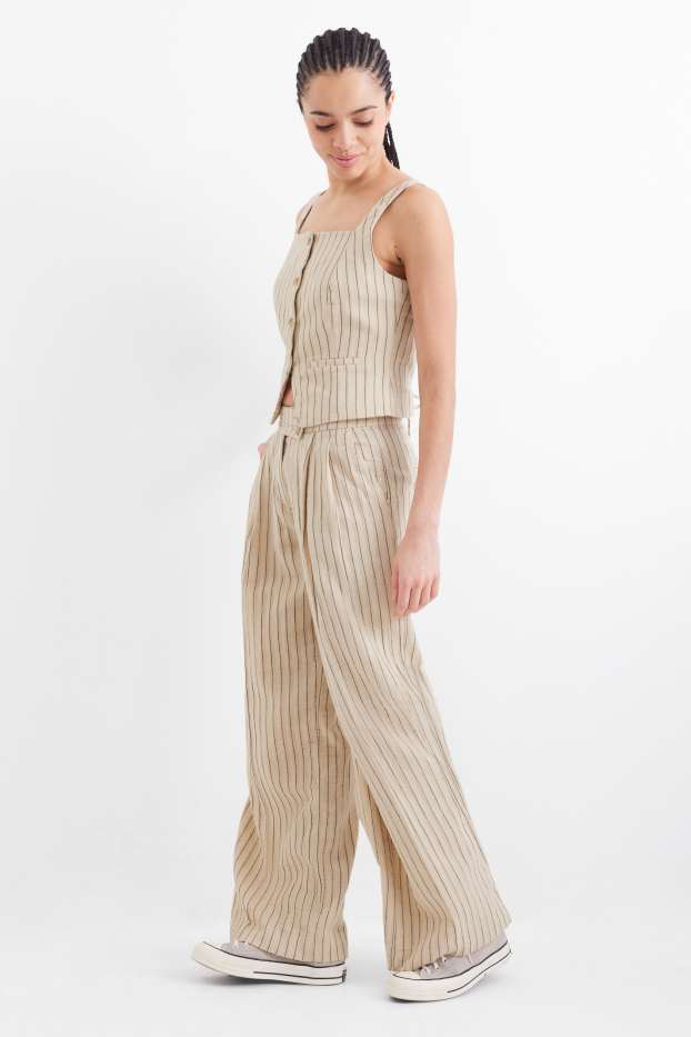 Dámské - Plátěné kalhoty - mid waist - wide leg - s úzkými proužky - černá/béžová