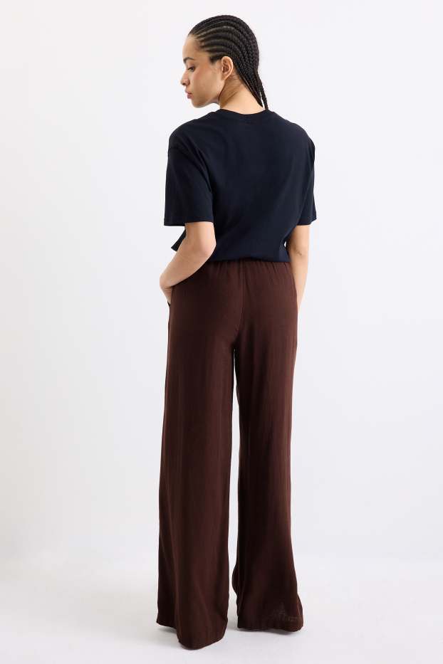 Damen - Stoffhose mit Leinen-Anteil - High Waist - Wide Leg - dunkelbraun