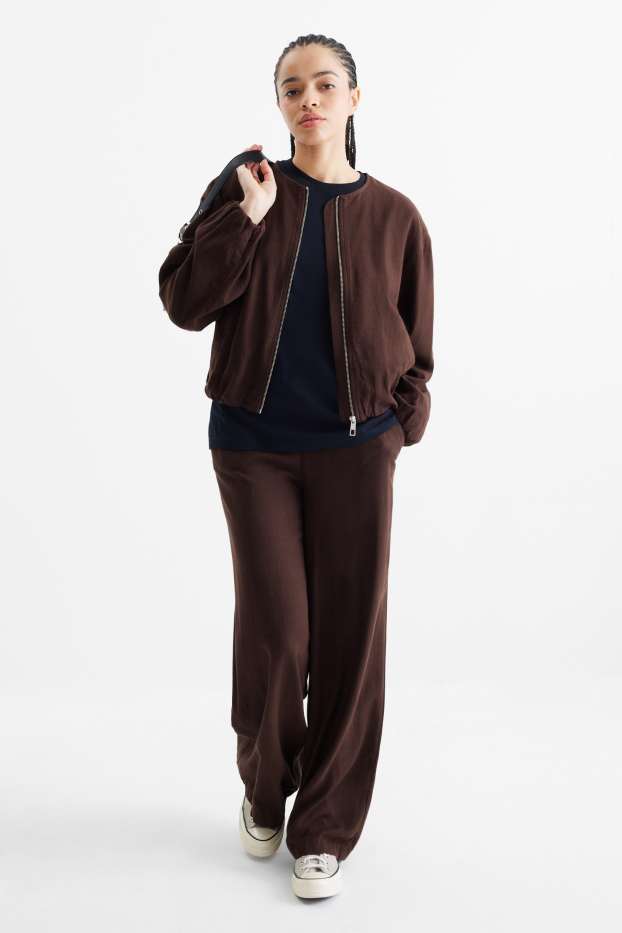 Damen - Stoffhose mit Leinen-Anteil - High Waist - Wide Leg - dunkelbraun