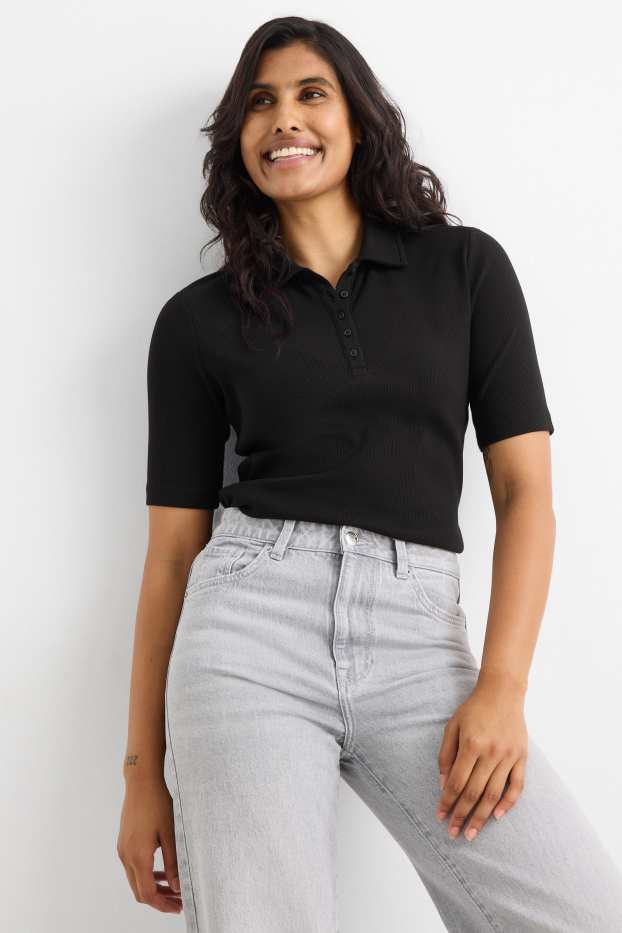 Damen - Poloshirt - Regular Fit - gerippt - schwarz