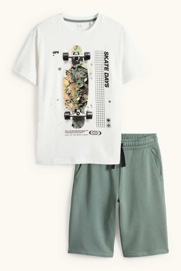Enfants garçons - Skateboard - ensemble - T-shirt et short en molleton - 2 pièces - blanc / vert