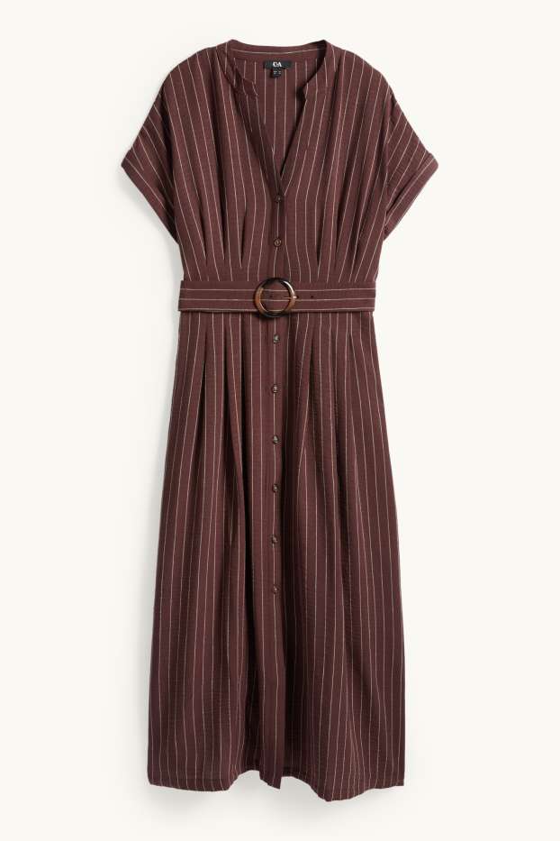 Femmes - Robe-chemise avec encolure en V et ceinture - fines rayures - marron