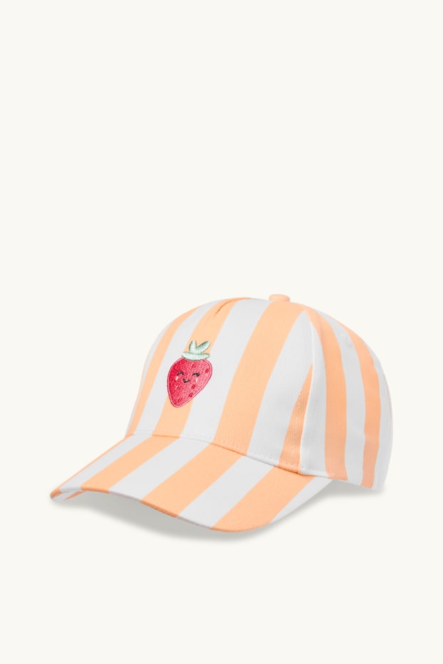 Enfants filles - Fraise - casquette de baseball - à rayures - blanc / orange