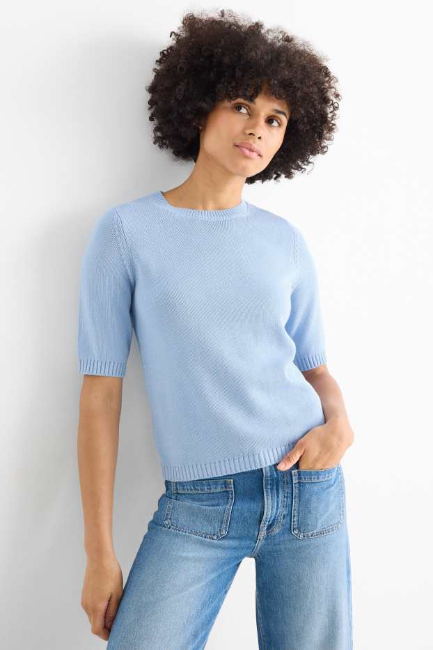 Damen - Strickpullover - kurzarm - hellblau