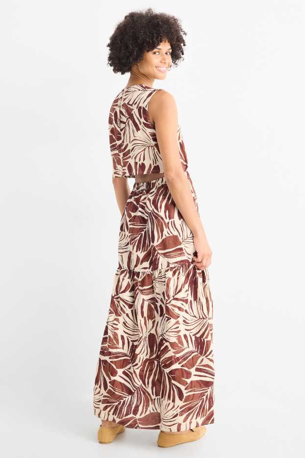 Dames - Fit & flare-jurk - linnenmix - met patroon - bruin / crème wit