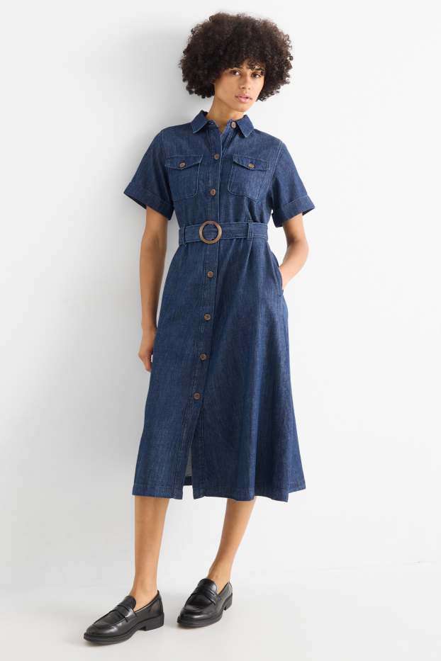 Femei - Rochie tip bluză din denim cu curea - albastru închis