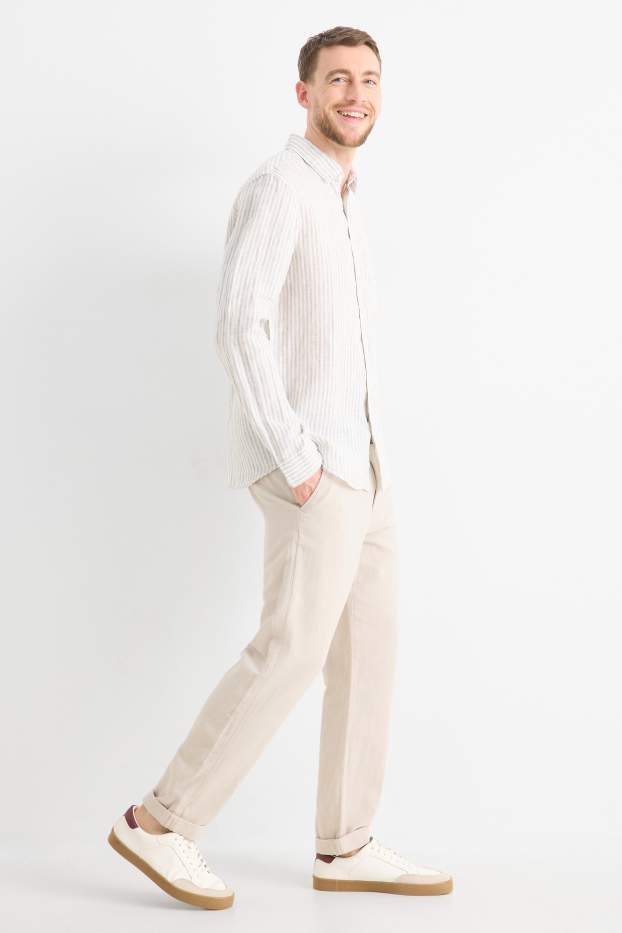 Pánské - Kalhoty chino s lněným podílem a páskem - regular fit - béžová