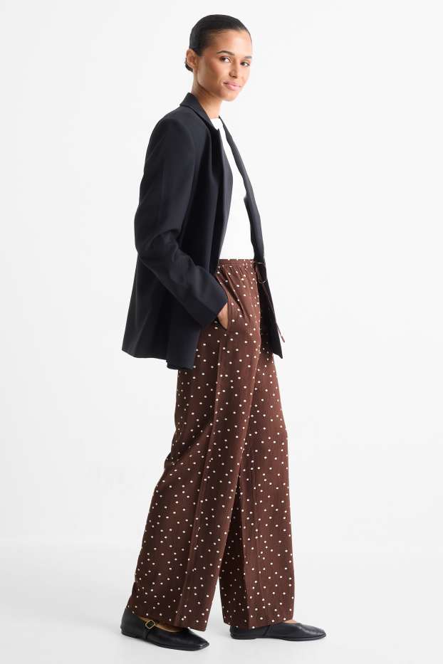 Dámské - Plátěné kalhoty - mid waist - wide leg - puntíkované - hnědá