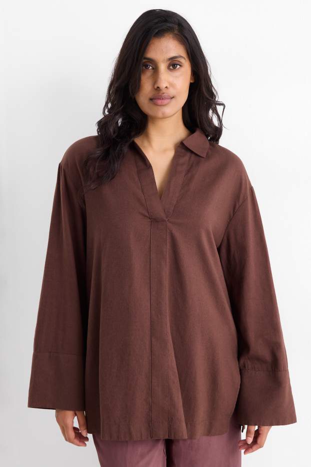 Damen - Bluse mit V-Ausschnitt - Leinen-Mix - dunkelbraun